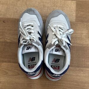 New Balance 574 Sneakers in White, Gray & Navy with Red Heel Accent